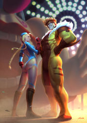 Rule 34 | 10s, 1boy, 1girl, antenna hair, armband, ass, back cutout, backless outfit, blonde hair, blue leotard, bodysuit, boots, brown footwear, cammy white, capcom, cassio yoshiyaki, clothing cutout, crossover, elbow gloves, faceoff, fingerless gloves, garrison cap, gloves, hands on own hips, hat, height difference, highres, knee boots, leotard, long hair, marvel, marvel vs. capcom, marvel vs. capcom 2, realistic, sabertooth (x-men), skin tight, smile, spiked hair, street fighter, x-men, x-men vs. street fighter