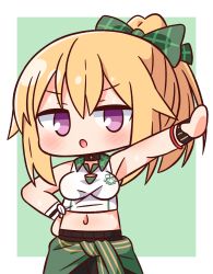 Rule 34 | 1girl, :o, armpits, bare shoulders, black shorts, blonde hair, blush, bow, chibi, chloe (princess connect!), chloe (school festival) (princess connect!), clothes around waist, collared shirt, crop top, green background, green bow, green jacket, hair between eyes, hair bow, hana kazari, hand on own hip, high ponytail, highres, jacket, jacket around waist, looking at viewer, midriff, navel, outstretched arm, parted lips, ponytail, princess connect!, purple eyes, shirt, shorts, sleeveless, sleeveless shirt, solo, two-tone background, v-shaped eyebrows, white background, white shirt