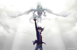 Rule 34 | 1boy, black hair, cloud, cloudy sky, collared jacket, denim, dragon, duel monster, fudo yusei, hand up, highres, jacket, jeans, light rays, male focus, multicolored hair, pants, signature, sky, stardust dragon, streaked hair, tail, two-tone hair, wings, wwwprprprpr, yu-gi-oh!, yu-gi-oh! 5d&#039;s