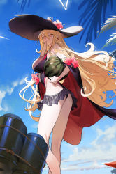 Rule 34 | 1girl, alchemy stars, bare shoulders, blonde hair, blue sky, breasts, closed mouth, competition swimsuit, day, food, frills, fruit, genevieve (alchemy stars), hair between eyes, hat, highres, large breasts, long hair, official art, one-piece swimsuit, orange eyes, outdoors, ryota-h, sky, smile, solo, sun hat, swimsuit, thighs, very long hair, watermelon, wavy hair
