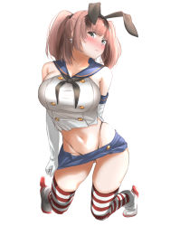 Rule 34 | 1girl, alternate costume, atlanta (kancolle), bare shoulders, black neckerchief, black panties, blue skirt, blush, breasts, brown hair, collarbone, commentary request, cosplay, crop top, earrings, elbow gloves, full body, gloves, gluteal fold, groin, hair ornament, hairband, highleg, highleg panties, highres, jewelry, kantai collection, kneeling, large breasts, long hair, looking at viewer, microskirt, midriff, miniskirt, navel, neckerchief, panties, ponytail, rudder footwear, sailor collar, shimakaze (kancolle), shimakaze (kancolle) (cosplay), shirt, simple background, skindentation, skirt, solo, string panties, striped clothes, striped thighhighs, tama (tamago), thighhighs, thong, underwear, white background, white gloves
