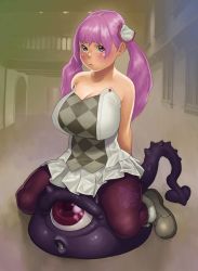 Rule 34 | 1girl, bad id, bad pixiv id, breasts, cleavage, highres, huge breasts, large breasts, monster, pantyhose, plump, purple eyes, purple hair, sakai toshihiro, sitting, solo, twintails