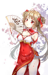 Rule 34 | 1girl, ahoge, bare shoulders, blush, breasts, brown hair, china dress, chinese clothes, cleavage, clothing cutout, covered navel, dress, hair ribbon, hand fan, head tilt, highres, long hair, medium breasts, open mouth, red eyes, ribbon, shoulder cutout, situmey, solo, standing, tagme