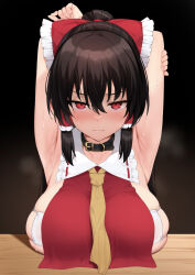 Rule 34 | 1girl, armpits, arms up, blush, bow, breast rest, breasts, breasts on table, brown hair, collar, frilled bow, frilled hair tubes, frills, hair bow, hair tubes, hakurei reimu, highres, large breasts, looking at viewer, necktie, red bow, red eyes, sidelocks, solo, steaming body, sweat, touhou, try (lsc), yellow necktie