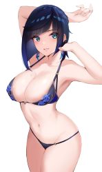 Rule 34 | 1girl, absurdres, arm up, black panties, blue bra, blue eyes, blue hair, blunt bangs, bra, breasts, commentary request, cowboy shot, genshin impact, grin, hand up, haneramu, highres, large breasts, looking at viewer, navel, panties, parted lips, short hair, simple background, smile, solo, standing, stomach, thighs, underwear, underwear only, yelan (genshin impact)