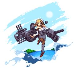 Rule 34 | 1girl, armored boots, black skirt, blonde hair, boots, breasts, commentary request, day, hat, houston (kancolle), kantai collection, large breasts, leg up, long sleeves, lowres, ocean, outdoors, pantyhose, pencil skirt, pixel art, rigging, rudder footwear, skirt, warabin (suteki denpun), white hat