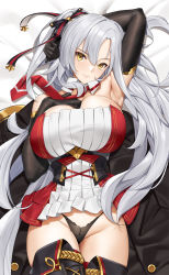 Rule 34 | 1girl, arm up, armpits, azur lane, black gloves, bow, breasts, cowboy shot, detached collar, drake (azur lane), elbow gloves, frills, gloves, groin, hair bow, hand on own chest, hand up, highres, jacket, lace, large breasts, long hair, looking at viewer, messy hair, necktie, panties, sidelocks, smile, solo, thighs, tony guisado, underwear, very long hair, white background