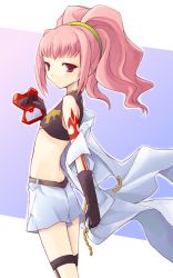 Rule 34 | 00s, 1girl, anya alstreim, belt, black gloves, butt crack, code geass, elbow gloves, expressionless, from side, gloves, kotonemaru, looking at viewer, looking to the side, midriff, pink hair, ponytail, red eyes, short hair, short shorts, shorts, solo, standing, stomach, tattoo, thigh strap