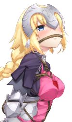 Rule 34 | 1girl, armor, armored dress, bad id, bad pixiv id, bdsm, blonde hair, blue eyes, bondage, bound, braid, breasts, fate/apocrypha, fate (series), gag, headpiece, heart, improvised gag, jeanne d&#039;arc (fate), jeanne d&#039;arc (ruler) (fate), large breasts, long hair, pinta (ayashii bochi), rope, rope gag, simple background, single braid, solo, white background