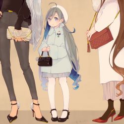 Rule 34 | 3girls, ahoge, alternate costume, bag, beret, black footwear, black legwear, brown background, brown hair, coat, colis, commentary request, full body, goat, grey coat, grey eyes, grey hair, hair between eyes, hair bun, handbag, hat, head out of frame, height difference, high heels, holding, holding bag, kantai collection, kiyoshimo (kancolle), long hair, long sleeves, looking at viewer, low twintails, mary janes, multiple girls, musashi (kancolle), musashi kai ni (kancolle), nail polish, pants, pantyhose, pleated skirt, red footwear, shoes, single hair bun, skirt, solo focus, standing, twintails, very long hair, white hat, white legwear, white skirt, yamato (kancolle)