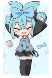 Rule 34 | &gt; &lt;, 1girl, :d, absurdres, arms up, black footwear, black skirt, black sleeves, blue bow, blue hair, blue necktie, blush, boots, bow, chibi, cinnamiku, closed eyes, collared shirt, detached sleeves, facing viewer, full body, grey shirt, hair between eyes, hair bow, hana kazari, hatsune miku, headset, highres, long sleeves, necktie, open mouth, pleated skirt, shirt, skirt, sleeveless, sleeveless shirt, sleeves past wrists, smile, solo, thigh boots, tie clip, vocaloid, wide sleeves, xd