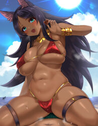 Rule 34 | 1girl, :d, animal ears, beach, bikini, black hair, blue sky, bracelet, breasts, bridal garter, candy, chocolate, chocolate heart, cloud, commentary request, dark-skinned female, dark skin, day, fang, fate/grand order, fate (series), food, girl on top, heart, highres, jackal ears, jewelry, kisaragi tsurugi, large breasts, long hair, looking at viewer, navel, necklace, ocean, open mouth, pov, queen of sheba (fate), red bikini, sky, smile, solo focus, sun, sunlight, sweat, swimsuit