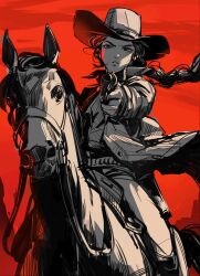 Rule 34 | 1girl, absurdres, aiming, aiming at viewer, bypos, cowboy, cowboy hat, cowboy western, cowgirl (western), finger on trigger, gun, handgun, hat, highres, holding, holding gun, holding weapon, horse, horseback riding, long hair, looking at viewer, red background, red dead redemption 2, revolver, riding, saddle, solo, weapon, western