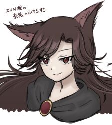 Rule 34 | 1girl, animal ears, brown eyes, brown hair, closed mouth, commentary request, highres, imaizumi kagerou, long hair, looking at viewer, pipita, portrait, simple background, smile, solo, touhou, translation request, white background, wolf ears, wolf girl