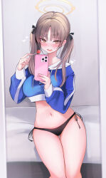 Rule 34 | 1girl, absurdres, bikini, black bikini, blue archive, blush, breasts, brown eyes, brown hair, candy, cellphone, food, halo, highres, holding, holding candy, holding food, holding phone, large breasts, long hair, long sleeves, looking at viewer, moe (blue archive), moe (swimsuit) (blue archive), navel, niku (hamuchang), official alternate costume, open mouth, paid reward available, phone, smartphone, smile, solo, swimsuit, twintails, yellow halo