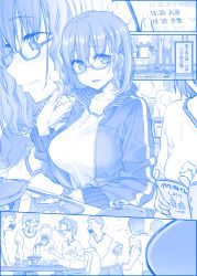 Rule 34 | 3girls, 6+boys, ai-chan (tawawa), blue theme, blush, book, breasts, bulging eyes, chair, comic, commentary request, eye pop, fanning face, fanning self, flying sweatdrops, food, getsuyoubi no tawawa, glasses, groping motion, himura kiseki, indoors, jacket, large breasts, monochrome, multiple boys, multiple girls, open clothes, open jacket, open mouth, reading, shirt, short hair, short sleeves, sign, silent comic, sitting, smile, sweat, table, tissue, translation request, volley-bu-chan (tawawa)