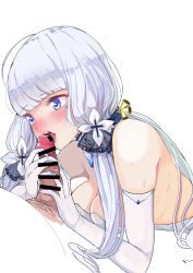 Rule 34 | 1girl, ababarion, absurdres, azur lane, bad id, bad pixiv id, bar censor, blue eyes, blush, censored, elbow gloves, fellatio, gloves, hair ornament, highres, illustrious (azur lane), licking, long hair, low twintails, mole, mole under eye, oral, penis, twintails, white gloves, white hair