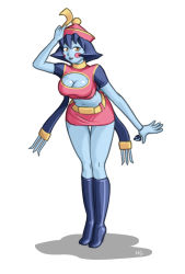 Rule 34 | 1girl, adapted costume, artist name, blue hair, blue skin, boots, breasts, capcom, casual, cleavage, cleavage cutout, clothing cutout, colored skin, drawfag, halterneck, halterneck, hat, high heel boots, high heels, jiangshi, knee boots, large breasts, leaning forward, lei lei, long legs, mario grant, midriff, miniskirt, navel, ofuda, short hair, signature, skirt, solo, thigh gap, vampire (game), yellow eyes