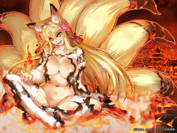 Rule 34 | 1girl, animal ears, blonde hair, breasts, burnt clothes, copyright name, crossed legs, female focus, fire, fox ears, fox tail, hisahiko, huge breasts, kitsune, kyuubi, large breasts, long hair, moeru! jiten, moeru! youkai jiten, multiple tails, navel, open mouth, red eyes, sitting, smile, smirk, solo, tail, tamamo no mae (mythology), thighhighs, thighs, toes, tower, traditional youkai
