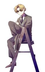Rule 34 | 1boy, blonde hair, closed mouth, fate/grand order, fate (series), fingers together, formal, full body, highres, koha-ace, ladder, long sleeves, looking at viewer, male focus, maxwell&#039;s demon (fate), necktie, on ladder, pants, parted bangs, sitting, smile, solo, suit, sunglasses, white background, zassou (ukjpn)