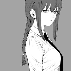 1girl black_necktie braid braided_ponytail chainsaw_man collared_shirt grey_background highres kurosaki_yo looking_at_viewer makima_(chainsaw_man) medium_hair monochrome necktie open_mouth ringed_eyes shirt sidelocks simple_background solo