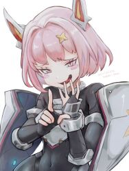 Rule 34 | 1girl, armor, armored bodysuit, armored gloves, black bodysuit, blush stickers, bodysuit, breastplate, floating, floating object, goddess of victory: nikke, hair intakes, hair ornament, hanada nadako, headgear, laughing, looking at viewer, noah (nikke), open mouth, pink eyes, pink hair, shield, short hair, solo, sparkle hair ornament