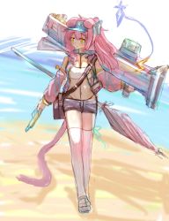 Rule 34 | 1girl, alternate costume, animal ears, ark bone, arknights, bandeau, bare shoulders, beach, cat ears, cat tail, closed umbrella, commentary request, detached sleeves, full body, goldenglow (arknights), grey shorts, gun, holding, holding gun, holding weapon, long hair, long sleeves, navel, pink hair, ponytail, short shorts, shorts, solo, standing, stomach, tail, thighhighs, umbrella, visor cap, weapon, white thighhighs, yellow eyes