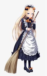 Rule 34 | 1girl, abigail williams (fate), absurdres, alternate costume, apron, black bow, black dress, black footwear, black pantyhose, blonde hair, blue eyes, blush, bow, broom, bug, butterfly, closed mouth, commentary request, dress, enmaided, fate/grand order, fate (series), forehead, full body, grey background, hair bow, hand up, highres, holding, holding broom, insect, long hair, long sleeves, looking at viewer, maid, maid apron, maid headdress, mary janes, orange bow, pantyhose, parted bangs, pleated dress, polka dot, polka dot bow, sanpeita, shoes, simple background, sleeves past wrists, smile, solo, standing, very long hair, white apron