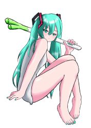 Rule 34 | 1girl, barefoot, blue eyes, blue hair, feet, hatsune miku, highres, long hair, looking at viewer, toes, twintails, vocaloid
