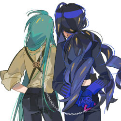 2girls alternate_hairstyle arms_behind_back black_hair black_jacket black_pants blue_gloves chain chain_leash commentary_request creatures_(company) from_behind game_freak geeta_(pokemon) gloves green_hair highres holding jacket leash long_hair long_sleeves multiple_girls nanaasuzy_pk nintendo own_hands_together pants pokemon pokemon_sv ponytail rika_(pokemon) shirt simple_background suspenders white_background yellow_shirt