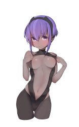 Rule 34 | 1girl, bare shoulders, black leggings, blush, bodysuit, breasts, breasts apart, cleavage, collarbone, cropped legs, dark-skinned female, dark skin, fate/prototype, fate/prototype: fragments of blue and silver, fate (series), groin, hairband, hassan of serenity (fate), highres, leggings, leotard, leotard pull, looking at viewer, medium breasts, mitsudoue, navel, purple eyes, purple hair, short hair, simple background, solo, thigh gap, white background