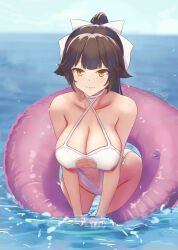 Rule 34 | 1girl, absurdres, azur lane, black hair, bow, breasts, casual one-piece swimsuit, choker, cleavage, clothing cutout, cowboy shot, criss-cross halter, hair flaps, halterneck, highres, horizon, innertube, large breasts, leaning forward, long hair, navel cutout, ocean, one-piece swimsuit, ponytail, ruan weidao, solo, swim ring, swimsuit, takao (azur lane), takao (beach rhapsody) (azur lane), water, white bow, white choker, white one-piece swimsuit, yellow eyes