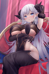 Rule 34 | 1girl, absurdres, albion (azur lane), albion (silvermoon faerie princess) (azur lane), armpits, azur lane, bare hips, blue eyes, blush, breasts, commentary, demon horns, elbow gloves, fur-trimmed gloves, fur trim, gloves, highres, horns, large breasts, long hair, looking at viewer, official alternate costume, open mouth, pointy ears, sitting, solo, spread armpit, underboob, very long hair, white hair, yuuki shuri