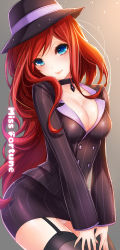 Rule 34 | 1girl, bad id, bad pixiv id, black thighhighs, blue eyes, blush, breasts, choker, cleavage, crime city miss fortune, formal, garter straps, hat, jacket, keikazz, large breasts, league of legends, long hair, long image, looking at viewer, miss fortune (league of legends), panties, pantyshot, pencil skirt, pinstripe pattern, pinstripe suit, red hair, skirt, skirt suit, smile, solo, standing, striped, suit, tall image, thighhighs, underwear