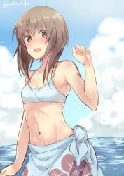 Rule 34 | 10s, 1girl, armpits, bikini, bikini top only, blue sky, blush, breasts, brown eyes, brown hair, cloud, day, flat chest, kantai collection, looking at viewer, maruki (punchiki), navel, open mouth, sarong, short hair, sky, solo, stomach, swimsuit, taihou (kancolle), twitter username, water