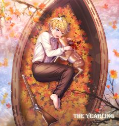 Rule 34 | 1boy, animal, animification, autumn leaves, bare tree, barefoot, black pants, blonde hair, blood, blood from mouth, boat, closed eyes, collared shirt, copyright name, crying, death, deer, dress shirt, eyebrows, fawn, flag (the yearling), full body, glint, gun, hc (razel1), hexagon, injury, jody baxter, lake, leaf, legs together, long sleeves, lying, male focus, maple leaf, motion blur, on side, open mouth, pants, reflection, rifle, ripples, shirt, suspenders, tears, the yearling, tree, water, watercraft, weapon, white shirt
