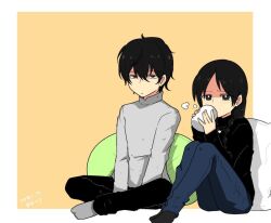 Rule 34 | 1boy, 1girl, bean bag chair, between legs, black eyes, black hair, black pants, black socks, black sweater, blue pants, border, braid, closed mouth, cup, dated, drinking, expressionless, fate/strange fake, fate (series), full body, grey socks, grey sweater, hair between eyes, hand between legs, holding, holding cup, indian style, long sleeves, mekakuri (otacon250), no name assassin (fate), pants, short hair, sigma (fate), signature, simple background, sitting, socks, sweater, white border, yellow background