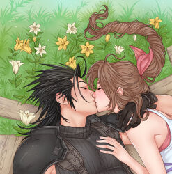 Rule 34 | 1boy, 1girl, aerith gainsborough, arm around neck, armor, bare shoulders, black gloves, black hair, braid, braided ponytail, brown hair, closed eyes, commentary, couple, crisis core final fantasy vii, crylin6, dress, english commentary, final fantasy, final fantasy vii, flower, from above, gloves, grass, hair ribbon, hair slicked back, hand on another&#039;s chest, hand on another&#039;s shoulder, hetero, highres, kiss, long hair, lying, on back, on side, parted bangs, pink ribbon, profile, ribbed sweater, ribbon, shoulder armor, sidelocks, sleeveless, sleeveless dress, sleeveless turtleneck, spaghetti strap, spiked hair, sweater, turtleneck, turtleneck sweater, upper body, white flower, yellow flower, zack fair