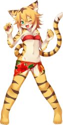 Rule 34 | 1girl, :3, alternate costume, animal ears, animal hands, bare shoulders, barefoot, bikini, blonde hair, blush, breasts, cat ears, cat tail, claws, collarbone, fang, female focus, floral print, full body, furry, furry female, gluteal fold, green eyes, halterneck, hands up, happy, highres, jpeg artifacts, kida kuro mu, legs apart, looking to the side, mia (world flipper), multicolored hair, navel, one eye closed, open mouth, pawpads, red bikini, red sarong, sarong, shiny clothes, short hair, simple background, small breasts, smile, solo, standing, stomach, swimsuit, tail, two-tone hair, white background, white hair, wink, world flipper
