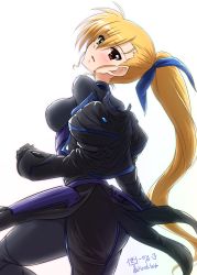Rule 34 | 1girl, artist name, ass, black bodysuit, blonde hair, blush, bodysuit, breasts, diesel-turbo, from side, green eyes, hair ornament, hair ribbon, heterochromia, highres, large breasts, long hair, looking at viewer, lyrical nanoha, mahou shoujo lyrical nanoha strikers, open mouth, ponytail, red eyes, ribbon, simple background, solo, very long hair, vivio, white background