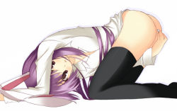 Rule 34 | 1girl, animal ears, black thighhighs, bottomless, dress shirt, female focus, kuwashima rein, long hair, profile, purple hair, rabbit ears, reisen udongein inaba, shirt, simple background, solo, suppository, thighhighs, top-down bottom-up, touhou