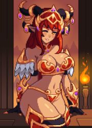 Rule 34 | 1girl, absurdres, alexstrasza, armor, bikini armor, breasts, candle, cleavage, fire, highres, horn ornament, horns, large breasts, long eyebrows, long hair, looking at viewer, navel, one eye closed, orange eyes, parted lips, pixel art, pointy ears, red hair, solo, thighhighs, thighs, warcraft, world of warcraft, yumykon