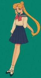 1girl arm_behind_back bishoujo_senshi_sailor_moon black_footwear blonde_hair blue_eyes blue_sailor_collar blue_skirt bow brooch commentary_request double_bun earrings film_grain full_body hair_bun jewelry juuban_middle_school_uniform long_hair long_sleeves looking_at_viewer pikurusu pleated_skirt red_bow sailor_collar school_uniform serafuku shirt shoes simple_background skirt socks solo tsukino_usagi twintails very_long_hair white_shirt white_socks