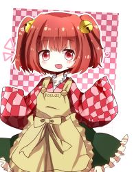 Rule 34 | 1girl, apron, bad id, bad pixiv id, bell, blush, checkered background, clothes writing, female focus, hair bell, hair ornament, looking at viewer, motoori kosuzu, open mouth, pink hair, red eyes, short hair, skirt, smile, solo, touhou, tubamelove, twintails, two side up, wide sleeves