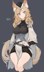 Rule 34 | 1girl, :3, animal ear fluff, animal ears, arknights, blonde hair, blue eyes, breasts, cape, character name, cropped legs, garrison cap, grey background, hand on own hip, hat, highres, horse ears, horse girl, horse tail, long hair, medium breasts, mikozin, narrow waist, pelvic curtain, short eyebrows, simple background, solo, tail, typo, whislash (arknights), white cape