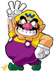Rule 34 | 1boy, absurdres, arm up, big nose, cleft chin, facial hair, gloves, green footwear, grin, hat, highres, looking at viewer, mustache, nintendo, official art, overalls, pointy ears, purple overalls, shirt, smile, third-party source, wario, wario land, wario land: shake it!, white gloves, yellow hat, yellow shirt