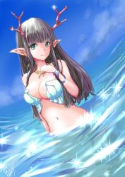 Rule 34 | 1girl, bad id, bad pixiv id, bikini, bikini top only, blue sky, breasts, brown hair, coral horns, dated, day, fantasy, highres, horns, jewelry, long hair, looking at viewer, medium breasts, navel, necklace, original, outdoors, p.i.t.d, pointy ears, reflection, sky, solo, standing, swimsuit, wading, white bikini