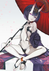 Rule 34 | 1girl, absurdres, bare legs, barefoot sandals (jewelry), breasts, closed mouth, commentary request, crossed ankles, fate/grand order, fate (series), feet, fingernails, hair between eyes, head tilt, headpiece, highres, holding, holding umbrella, horns, looking at viewer, nail polish, navel, no shoes, nyatabe, oil-paper umbrella, oni, petals, pink nails, purple eyes, purple hair, red umbrella, revealing clothes, short hair, shuten douji (fate), skin-covered horns, small breasts, smile, soles, solo, toenail polish, toenails, toes, umbrella