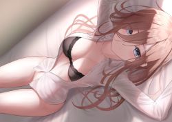 Rule 34 | 1girl, bed, black bra, blue eyes, blush, bottomless, bra, breasts, brown hair, closed mouth, collarbone, commentary, dutch angle, english commentary, from above, go-toubun no hanayome, hair between eyes, highres, indoors, large breasts, lingerie, long hair, long sleeves, looking at viewer, lying, marinesnow, nakano miku, no panties, on back, on bed, open clothes, open shirt, shirt, smile, solo, thighs, underwear, white shirt