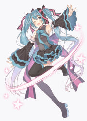 Rule 34 | 1girl, ;d, black skirt, black thighhighs, detached sleeves, full body, grey background, hatsune miku, highres, long hair, looking at viewer, nagitoki, one eye closed, open mouth, outstretched arms, sidelocks, simple background, skirt, smile, solo, star (symbol), striped clothes, striped skirt, thighhighs, twintails, vertical-striped clothes, vertical-striped skirt, very long hair, vocaloid